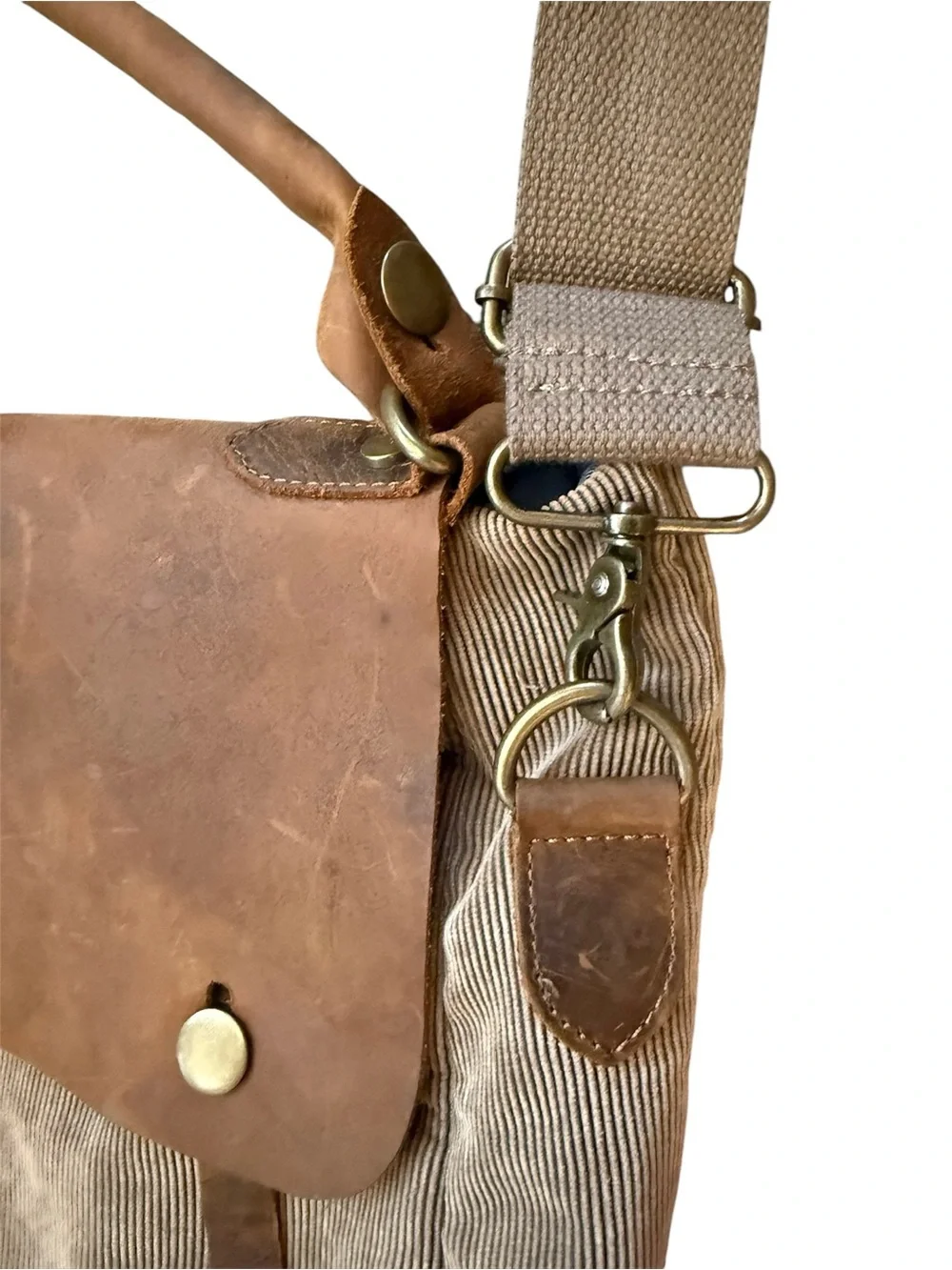Street Level Men's large tan corduroy & brown Leather Messenger crossbody Bag